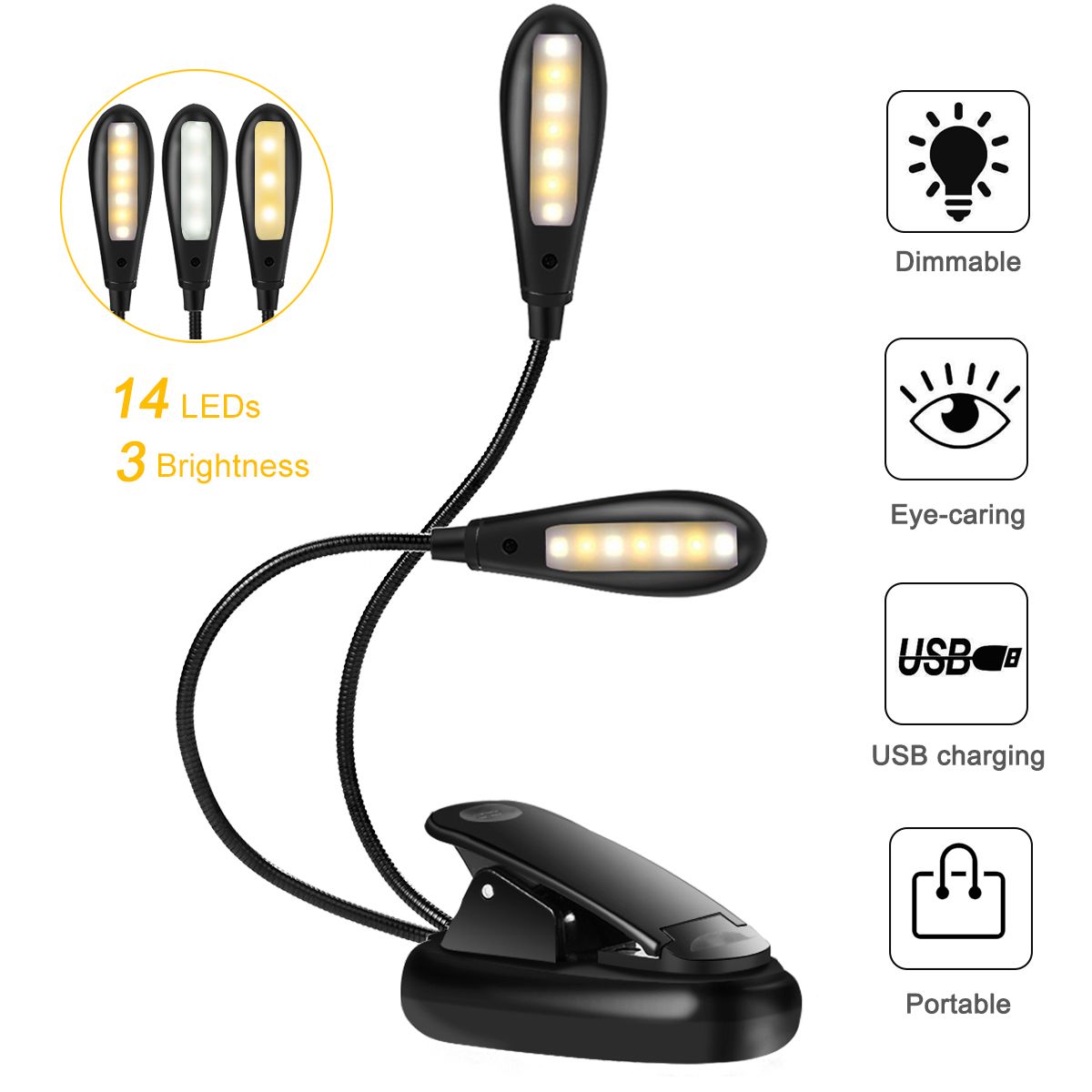 Reading Light, 14 LED USB Rechargeable and Eyecare Book Light, Flexible Clip