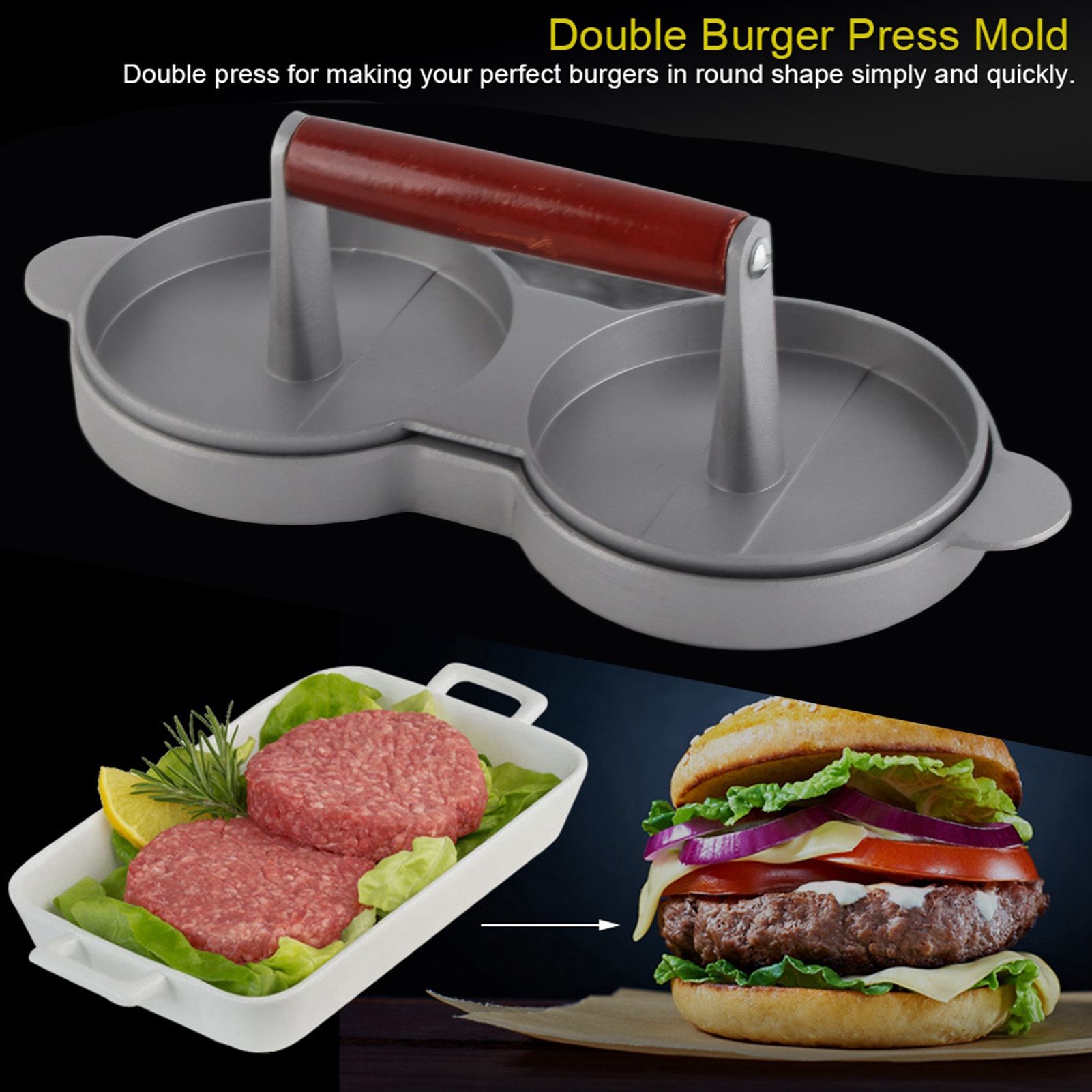 Aluminum Alloy NOn Stick Double Burger Press Mold Hamburger Meat Beef Kitchen view 2