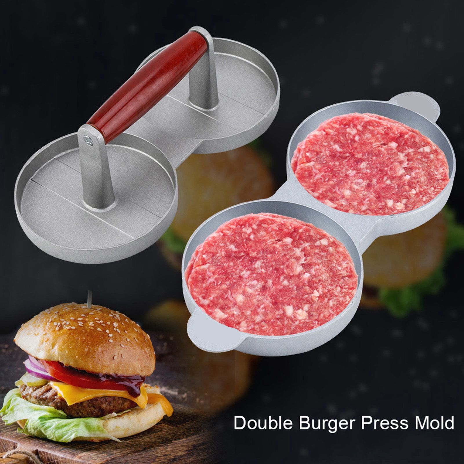 Aluminum Alloy NOn Stick Double Burger Press Mold Hamburger Meat Beef Kitchen view 3