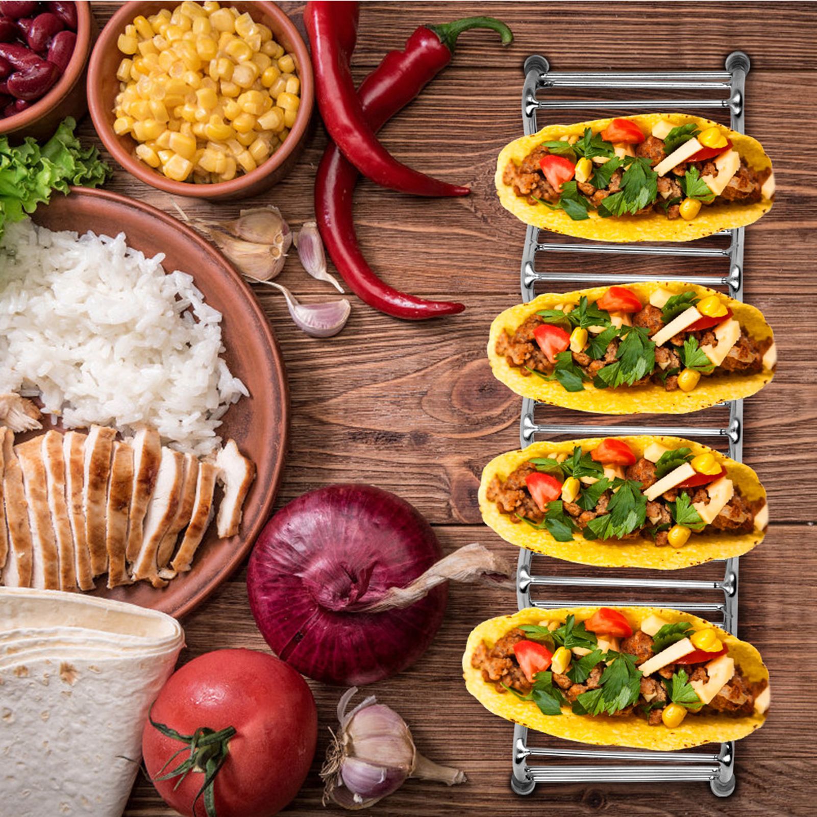 Ejoyous Taco Holder, 4 Pack Stainless Steel Taco Rack V Space Taco Stand with view 10