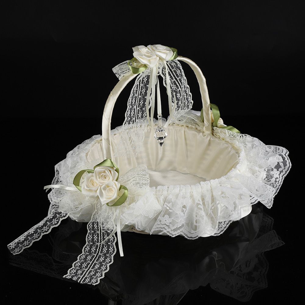 Romantic Lace Flower Girl Basket Bamboo Satin Bowknot Bridal Baskets for view 2