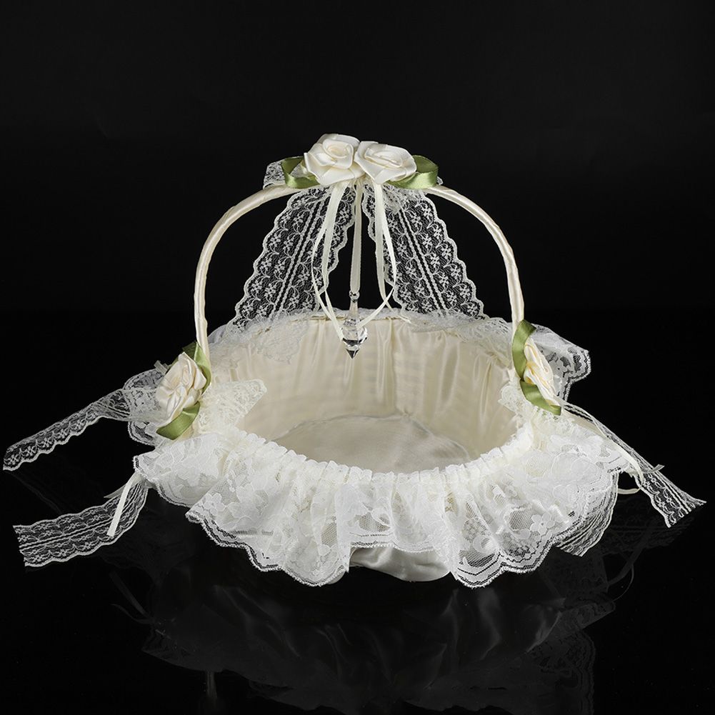 Romantic Lace Flower Girl Basket Bamboo Satin Bowknot Bridal Baskets for view 3