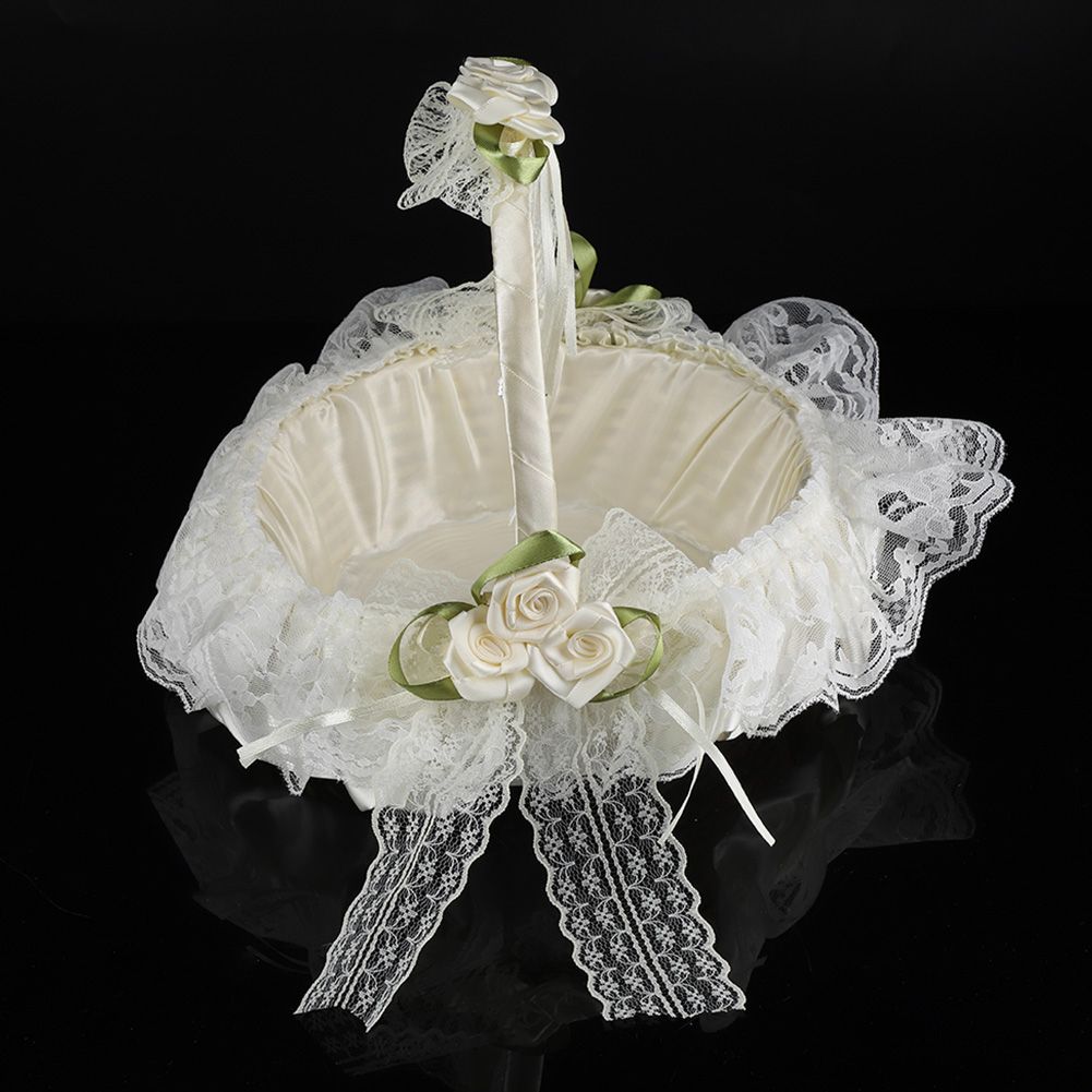 Romantic Lace Flower Girl Basket Bamboo Satin Bowknot Bridal Baskets for view 4
