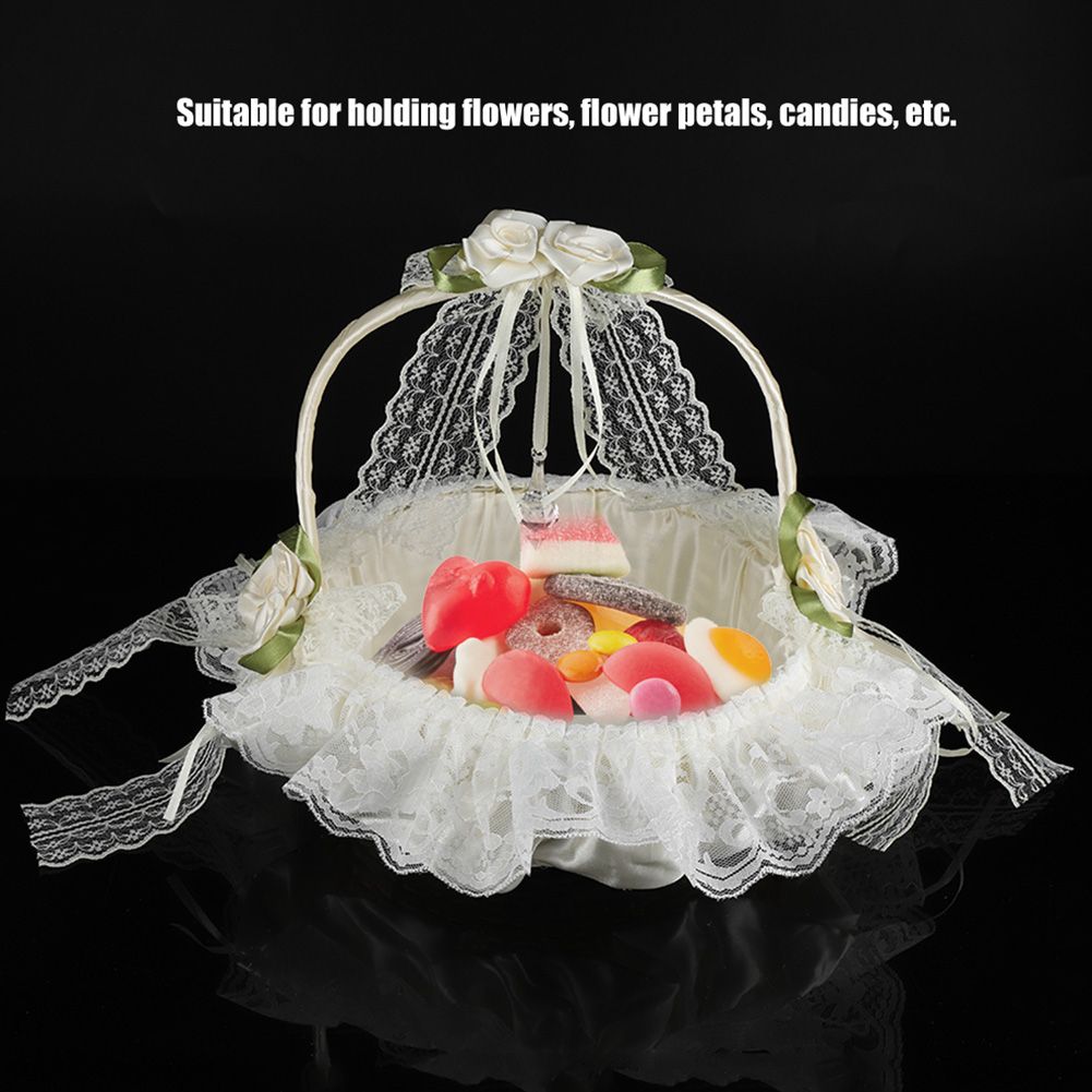 Romantic Lace Flower Girl Basket Bamboo Satin Bowknot Bridal Baskets for view 6