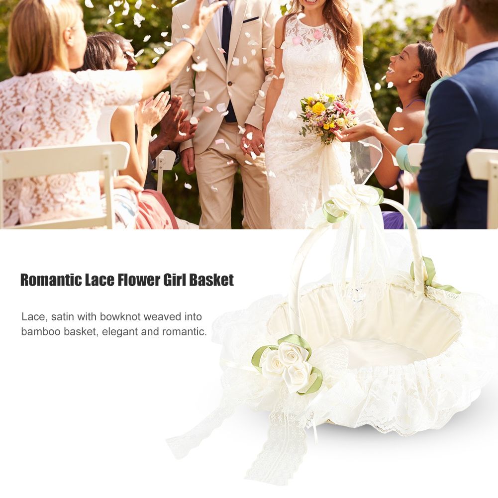 Romantic Lace Flower Girl Basket Bamboo Satin Bowknot Bridal Baskets for view 7