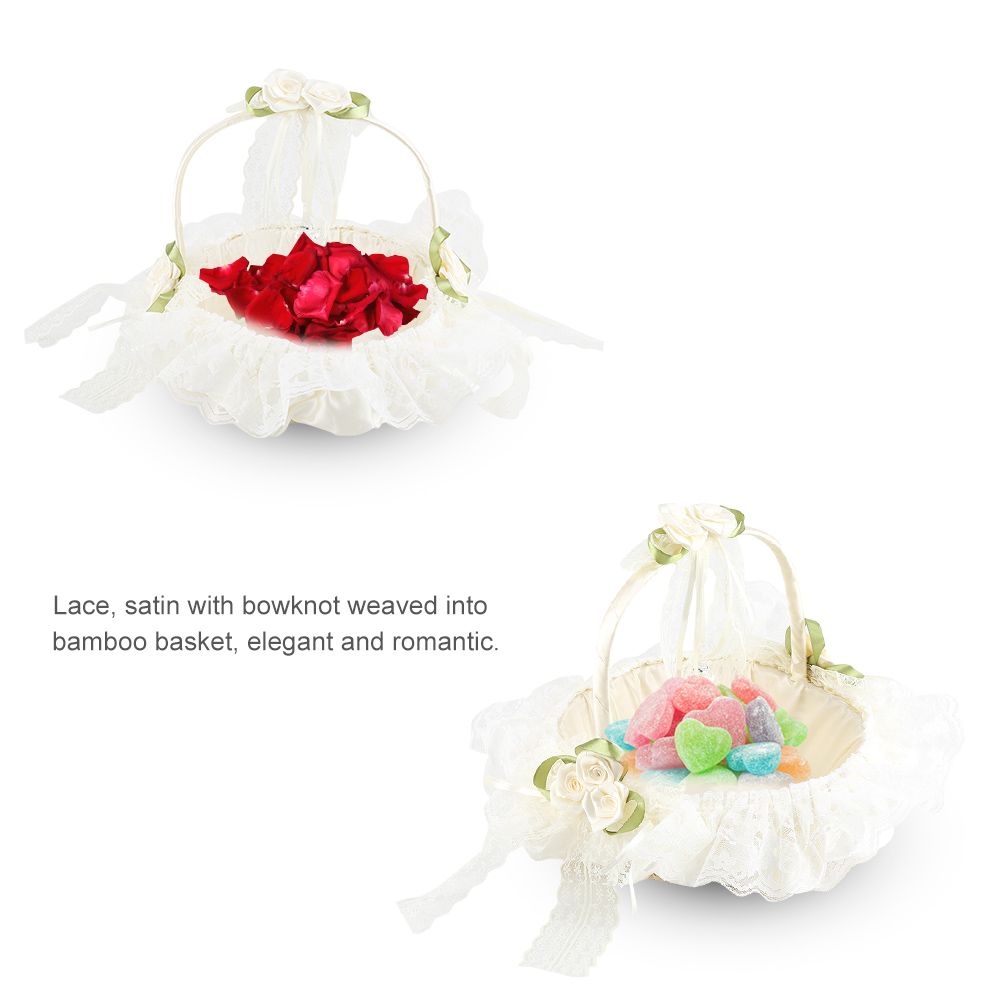 Romantic Lace Flower Girl Basket Bamboo Satin Bowknot Bridal Baskets for view 8