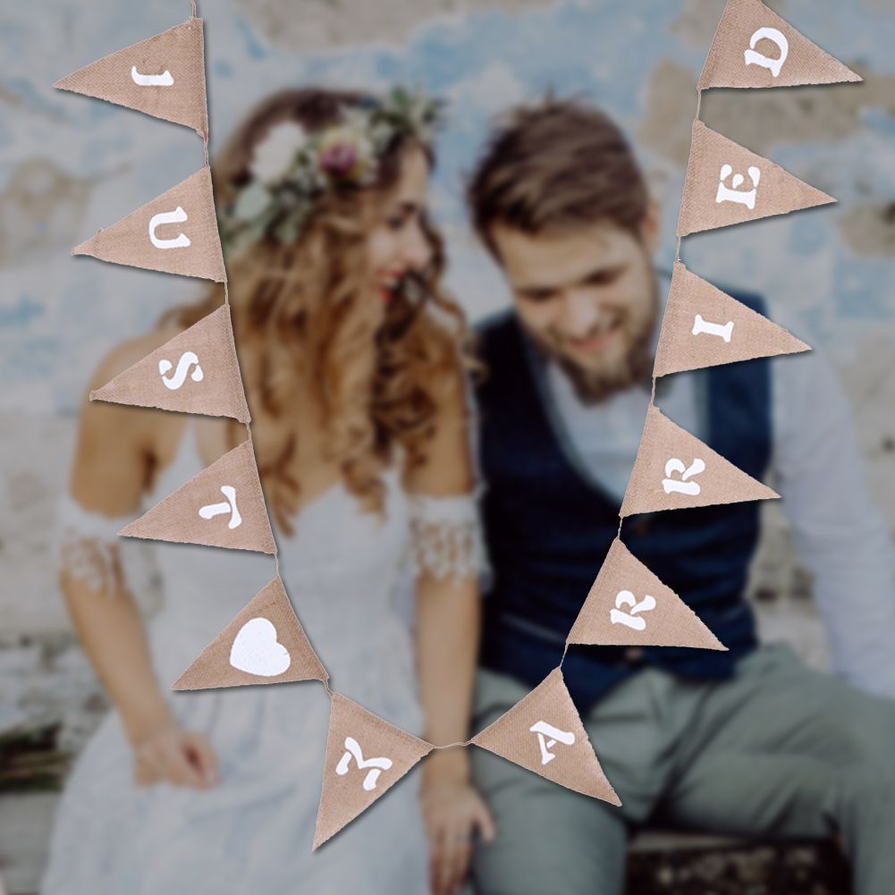 12pcs/ Set Fashionable Cloth Triangle Banner Just Married English Letter for view 4