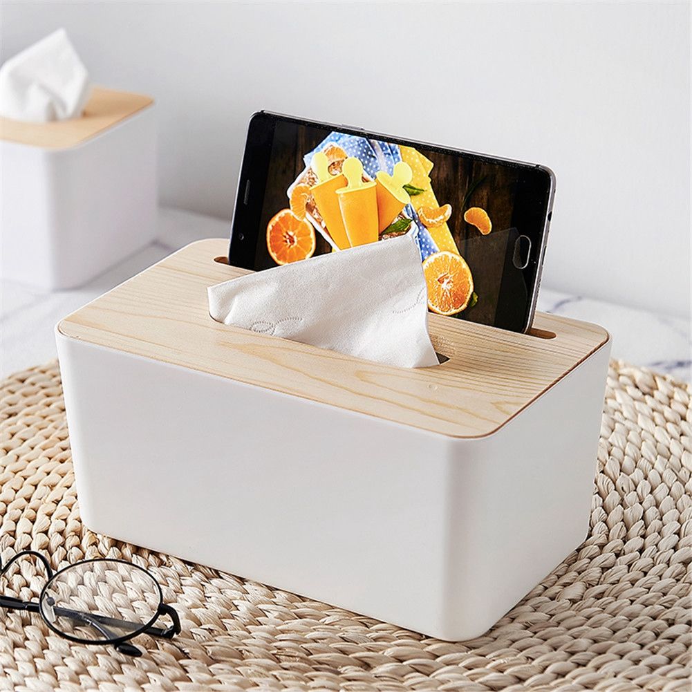 Removable Wood Cover Plastic Tissue Box Holder Storage Organizer for Home Car view 5