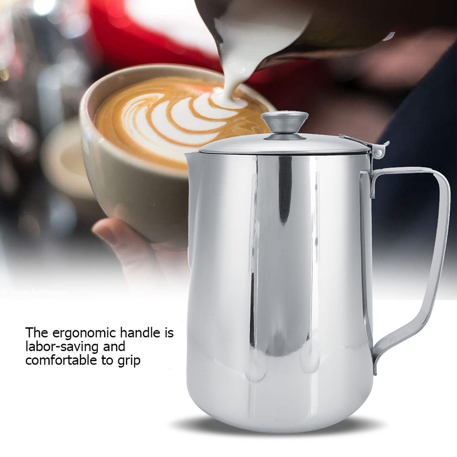 Stainless Steel Coffee Cup Mug Milk Frothing Pitcher Jug with Lid for Latte view 7