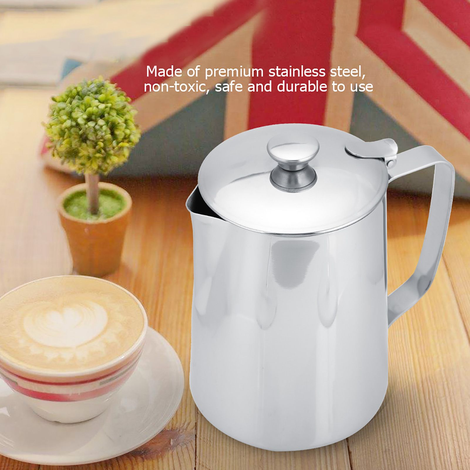 Stainless Steel Coffee Cup Mug Milk Frothing Pitcher Jug with Lid for Latte view 8
