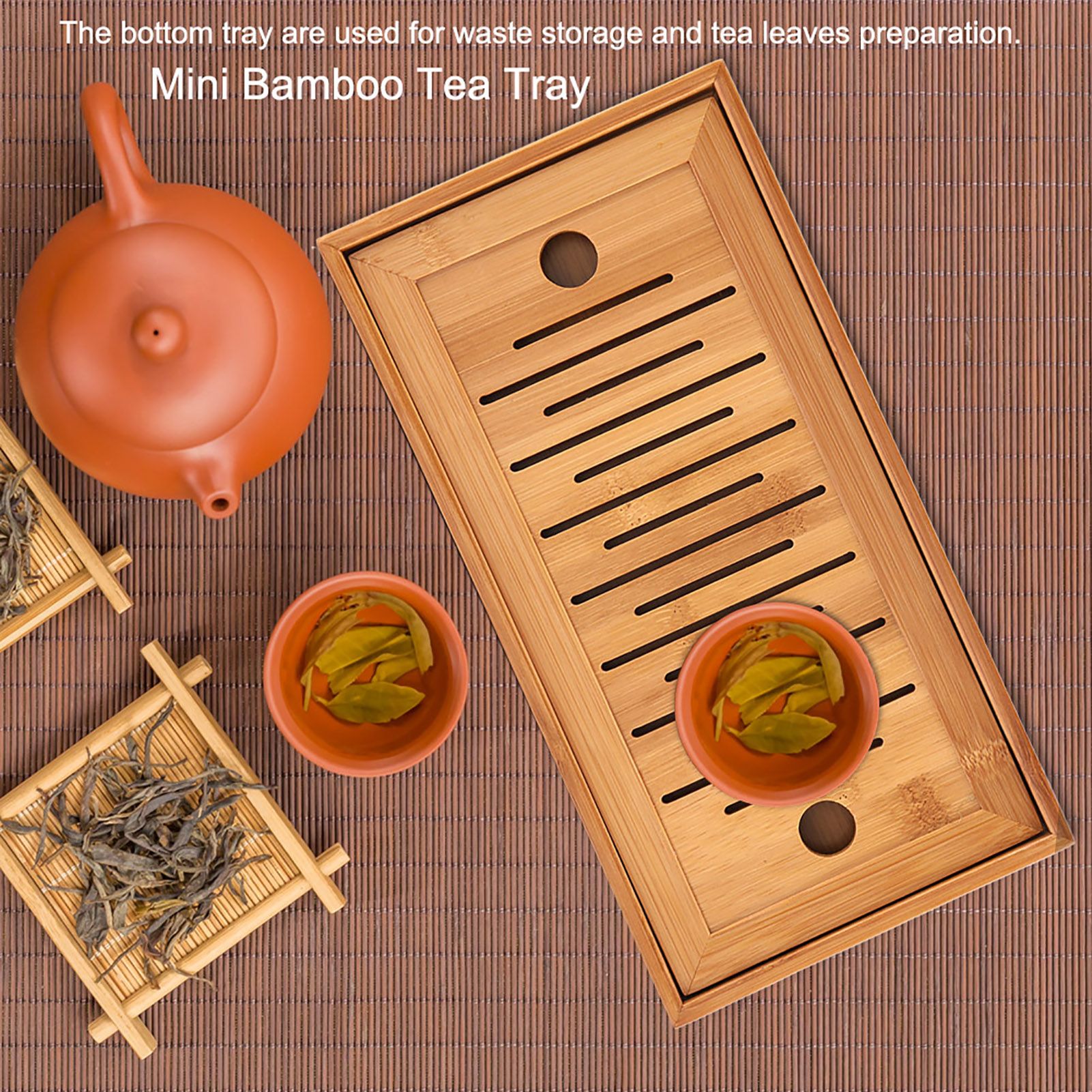 1Pc Bamboo Mini Tea Serving Tray Chinese Gongfu Tea Plate for Home Office Table view 2