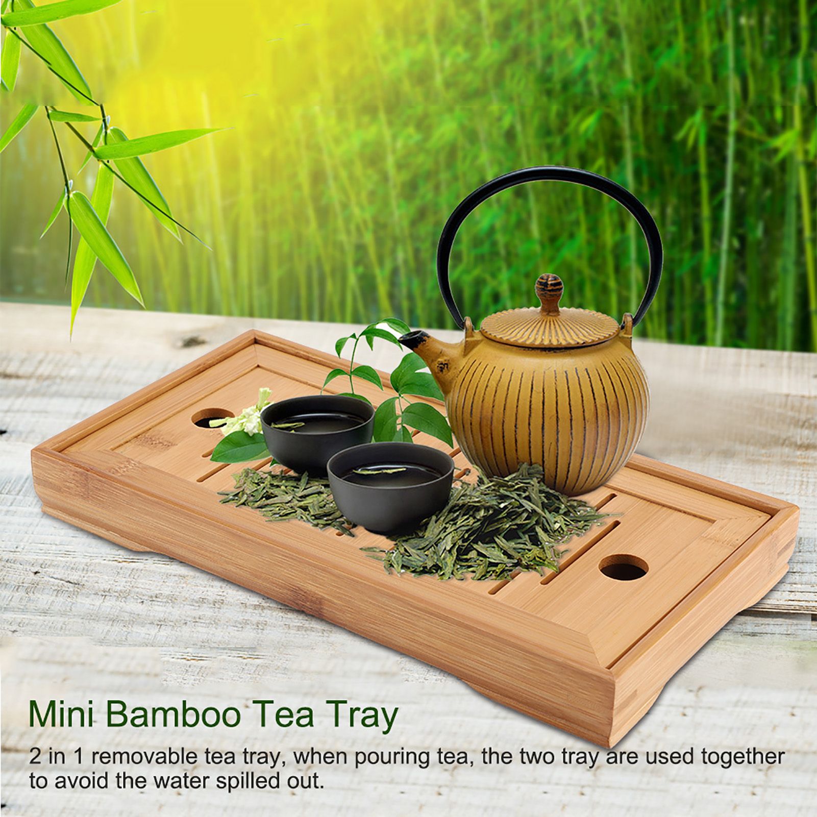 1Pc Bamboo Mini Tea Serving Tray Chinese Gongfu Tea Plate for Home Office Table view 3