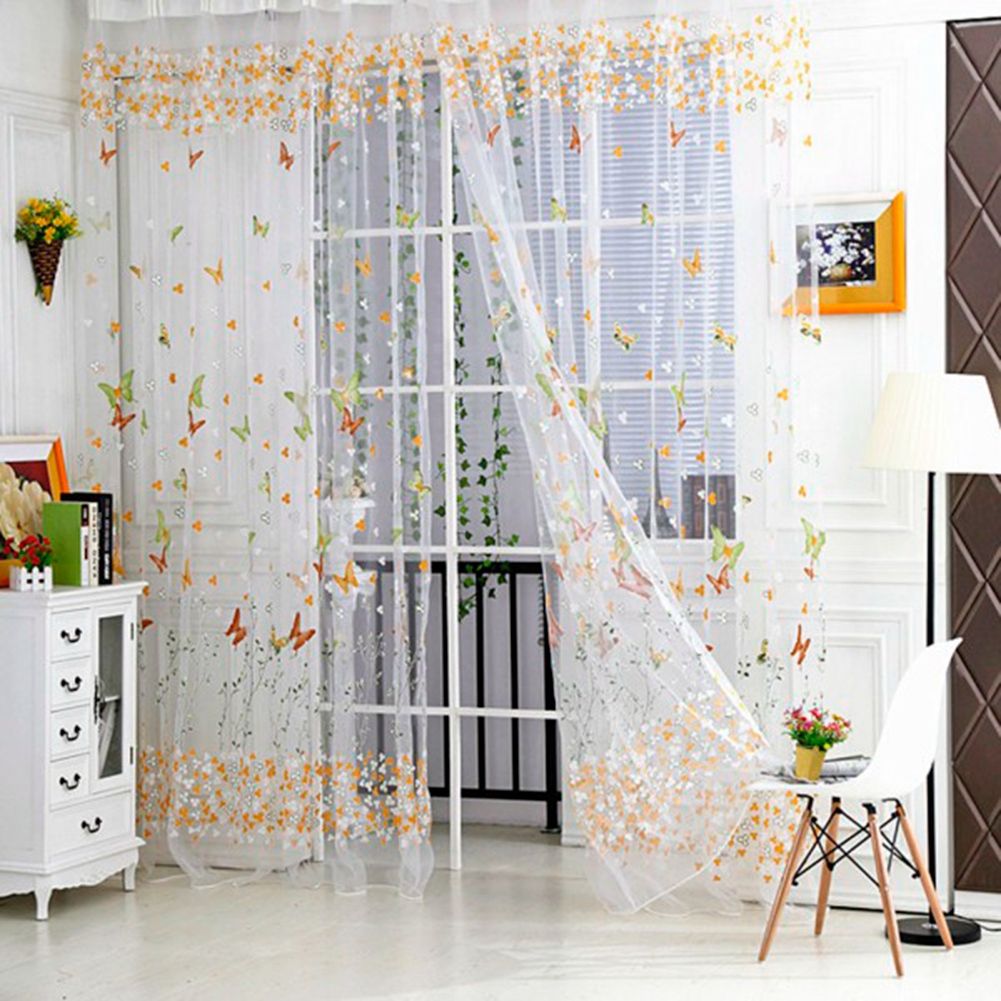 100 x 200 cm Butterfly Print Sheer Vintage Embroidery Voile Window Panels view 2