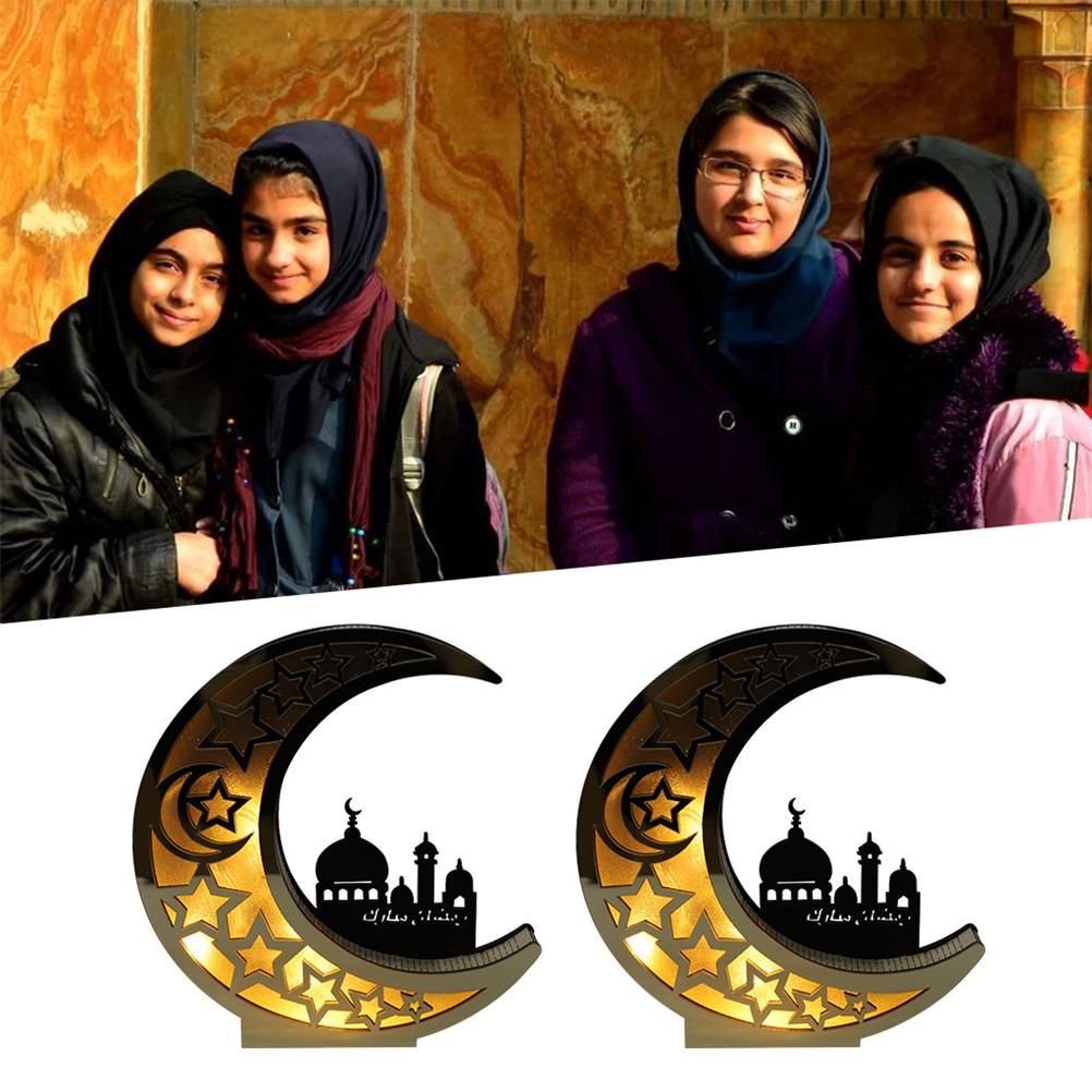Ramadan Decoration Wood Eid Mubarak LED Lights Golden Moon Hollow Lamp view 2