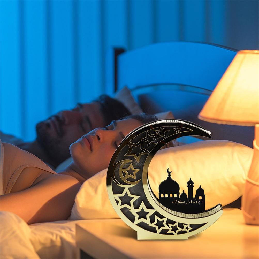 Ramadan Decoration Wood Eid Mubarak LED Lights Golden Moon Hollow Lamp view 4