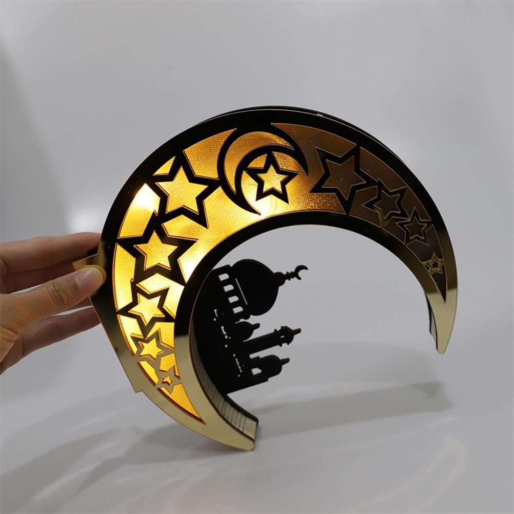 Ramadan Decoration Wood Eid Mubarak LED Lights Golden Moon Hollow Lamp view 5