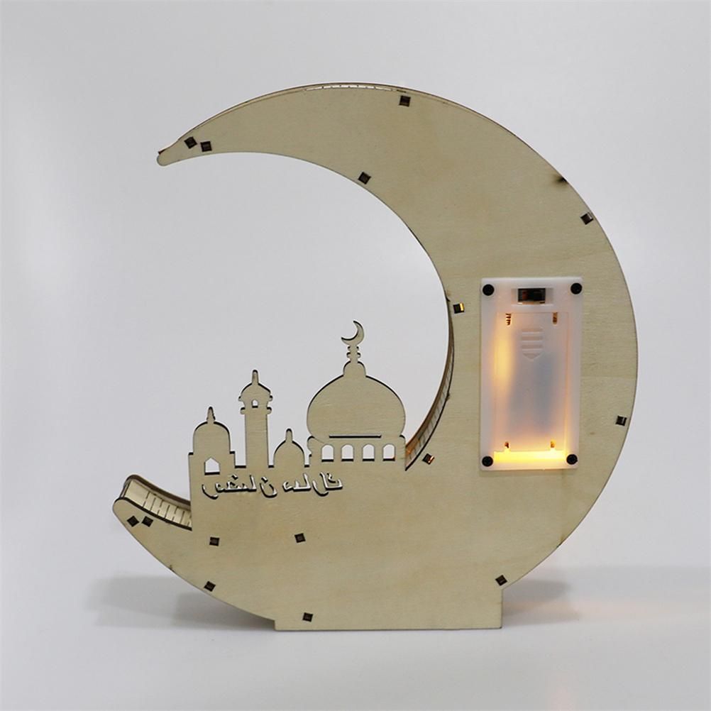 Ramadan Decoration Wood Eid Mubarak LED Lights Golden Moon Hollow Lamp view 6
