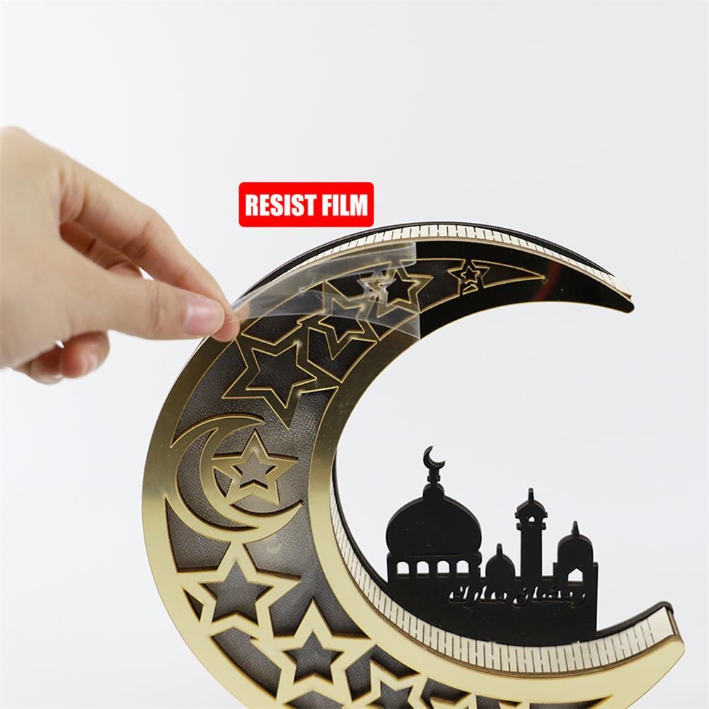 Ramadan Decoration Wood Eid Mubarak LED Lights Golden Moon Hollow Lamp view 7