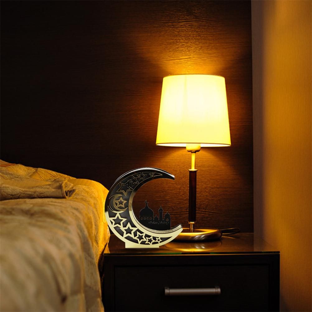 Ramadan Decoration Wood Eid Mubarak LED Lights Golden Moon Hollow Lamp view 8