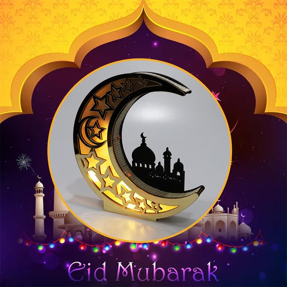Ramadan Decoration Wood Eid Mubarak LED Lights Golden Moon Hollow Lamp view 9