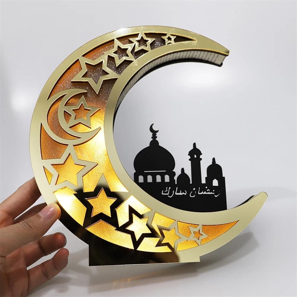 Ramadan Decoration Wood Eid Mubarak LED Lights Golden Moon Hollow Lamp view 10