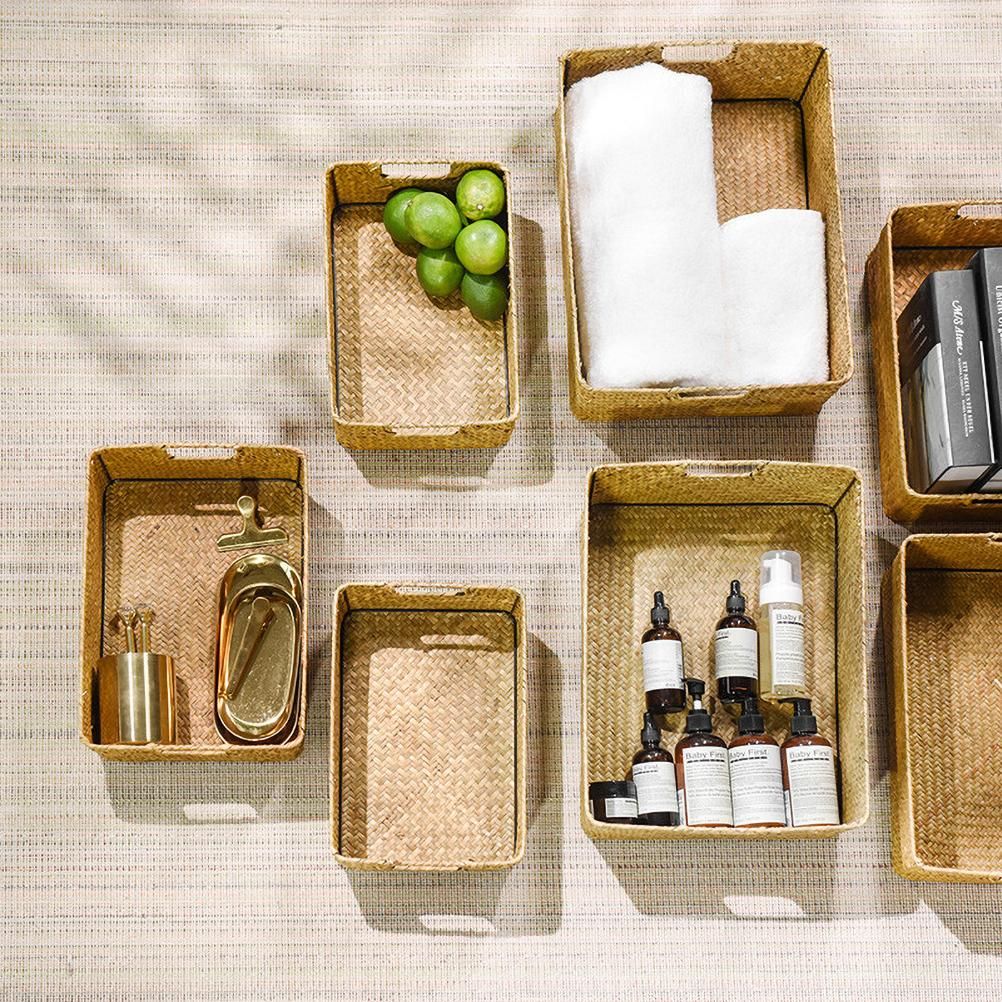 Handmade Seaweed Storage Basket Woven Storage Box with Handle for Home Kitchen view 7