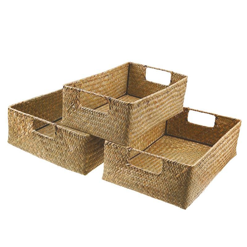 Handmade Seaweed Storage Basket Woven Storage Box with Handle for Home Kitchen view 3
