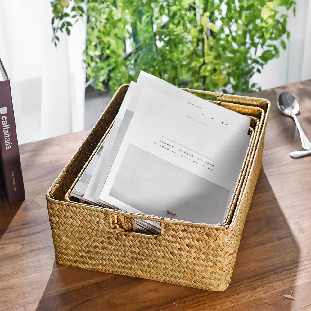 Handmade Seaweed Storage Basket Woven Storage Box with Handle for Home Kitchen view 4