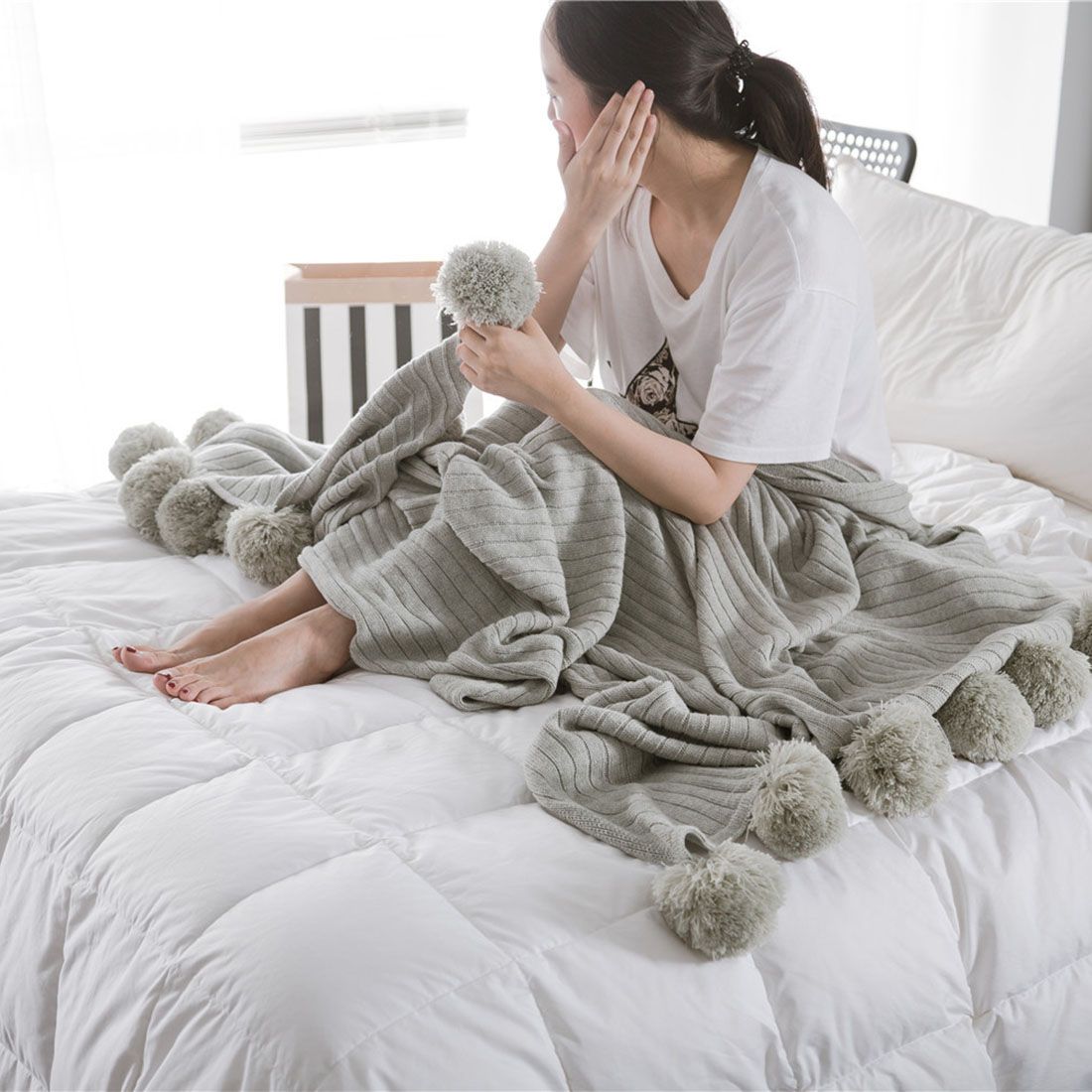 Throw Blanket Gray 90x90cm Cotton Knitted Pom Pom Throw Blanket for Sofa Bed