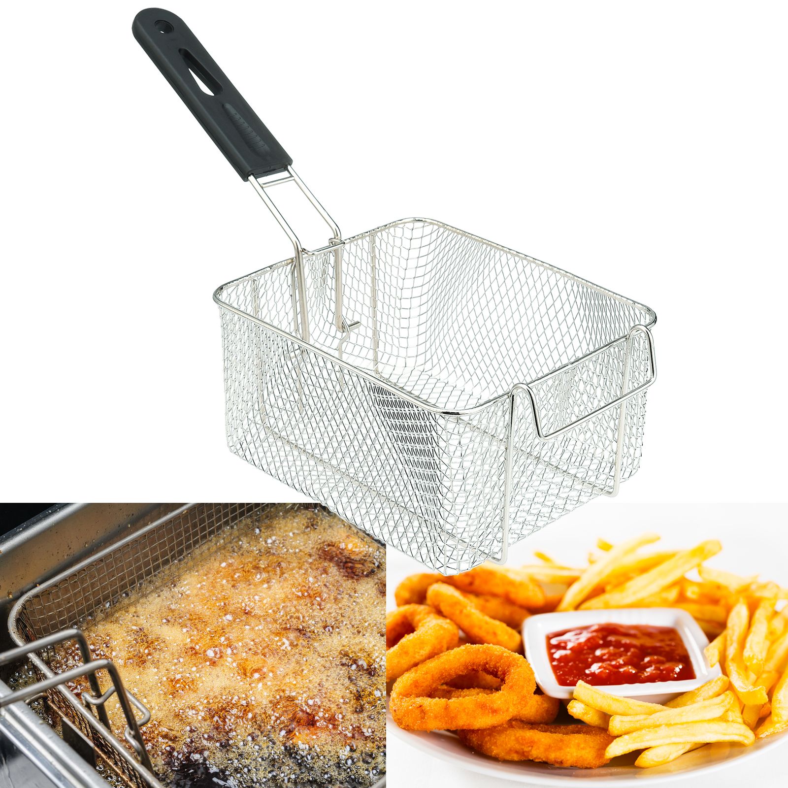 Mesh Frying Basket Stainless Steel Square Oil Filtering Fry Basket with Handle view 2