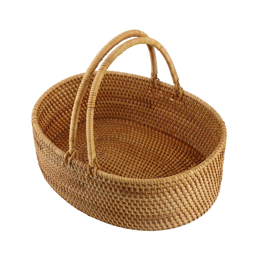 Rattan Woven Basket Portable Handheld Oval Wicker Fruit Flowers Basket for view 3