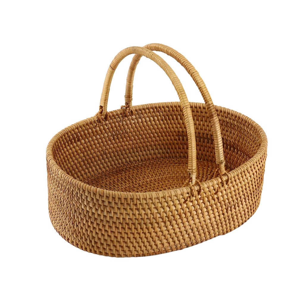 Rattan Woven Basket Portable Handheld Oval Wicker Fruit Flowers Basket for view 4