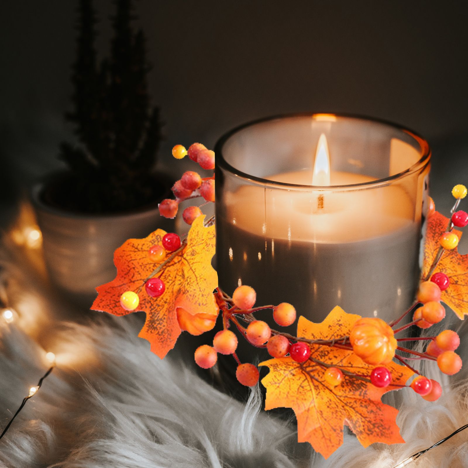 6 Pcs Artificial Maple Leaf Candle Ring Pumpkins Berries Maple Leaves Autumn view 3