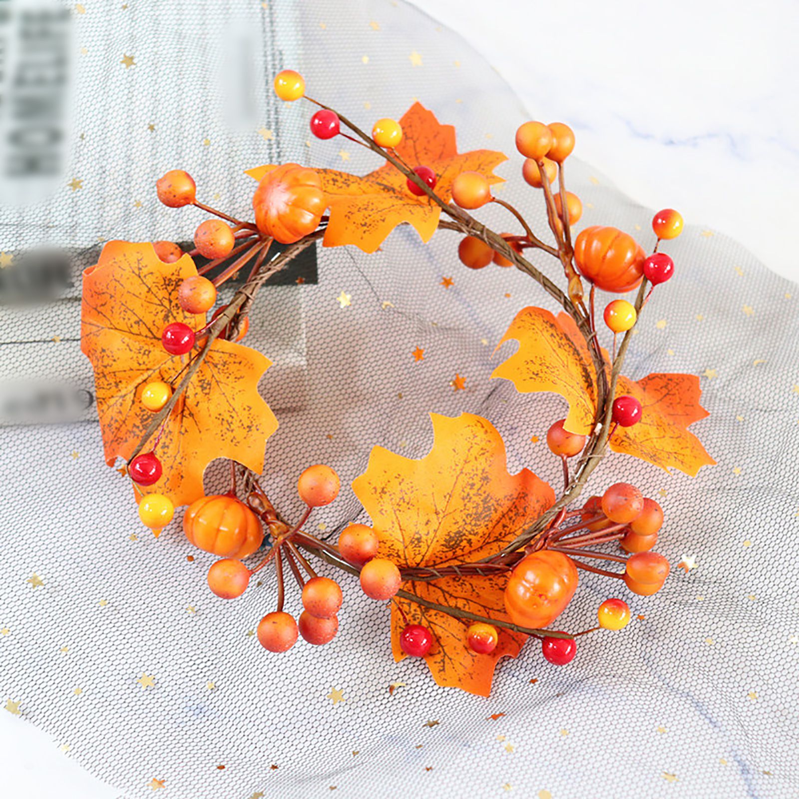 6 Pcs Artificial Maple Leaf Candle Ring Pumpkins Berries Maple Leaves Autumn view 5