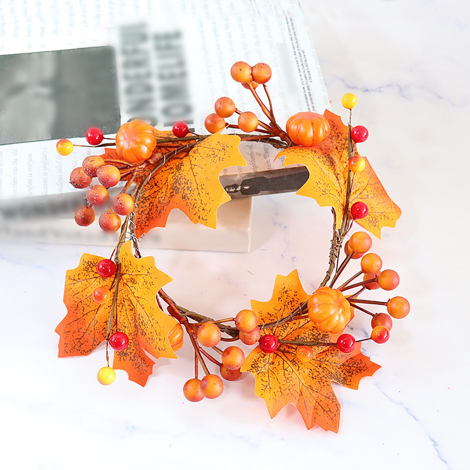 6 Pcs Artificial Maple Leaf Candle Ring Pumpkins Berries Maple Leaves Autumn view 7