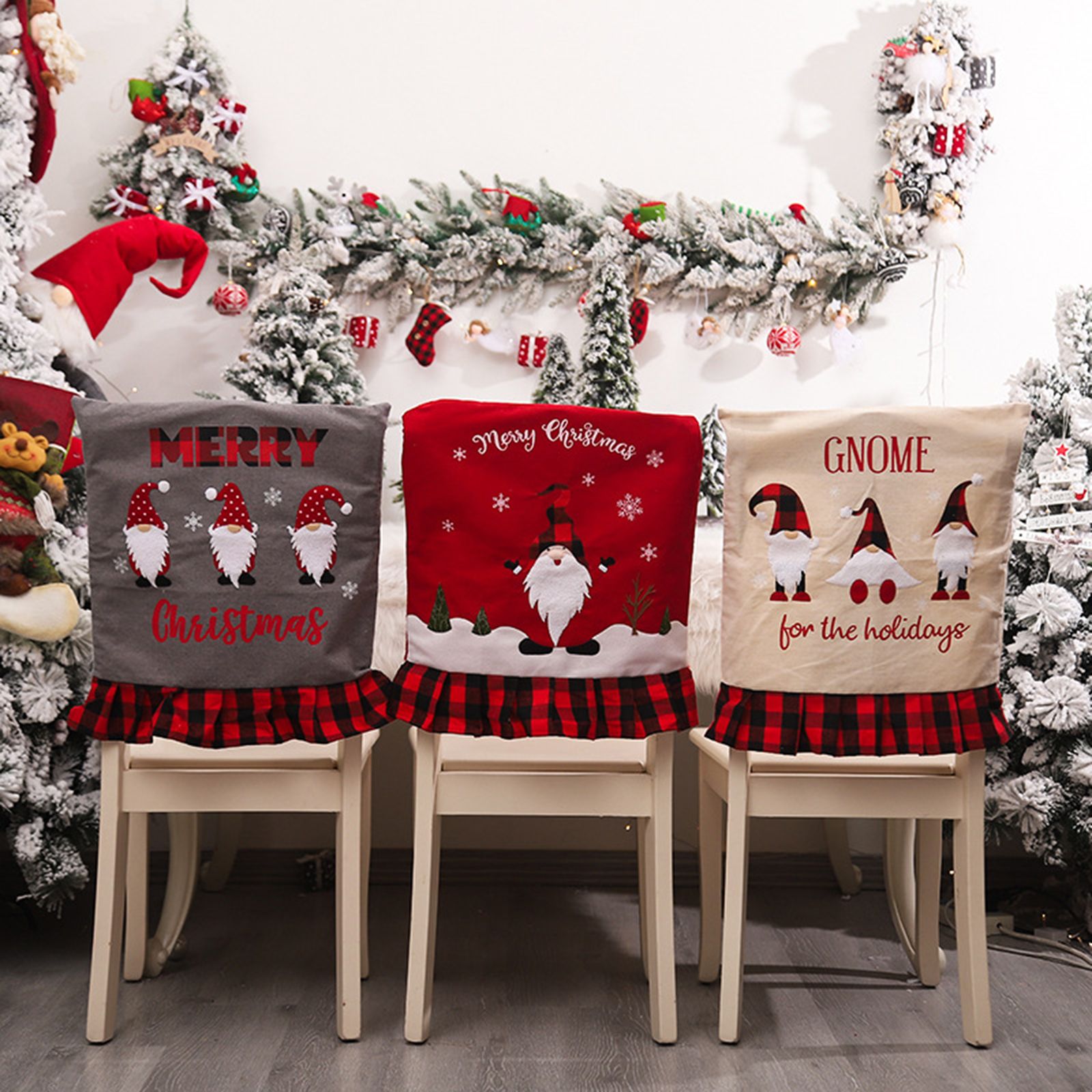6pcs Xmas Chair Back Cover Linen Plaid Dining Chair Slipcover Protector for view 4