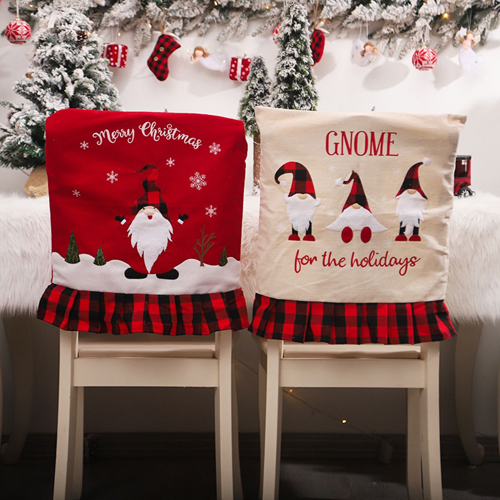 6pcs Xmas Chair Back Cover Linen Plaid Dining Chair Slipcover Protector for view 6