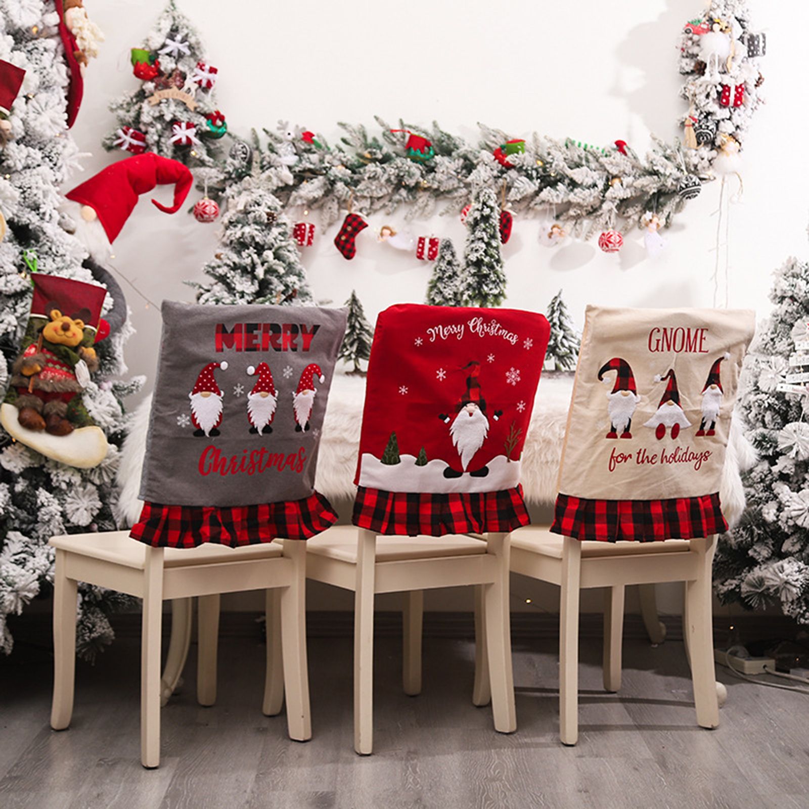 6pcs Xmas Chair Back Cover Linen Plaid Dining Chair Slipcover Protector for view 5