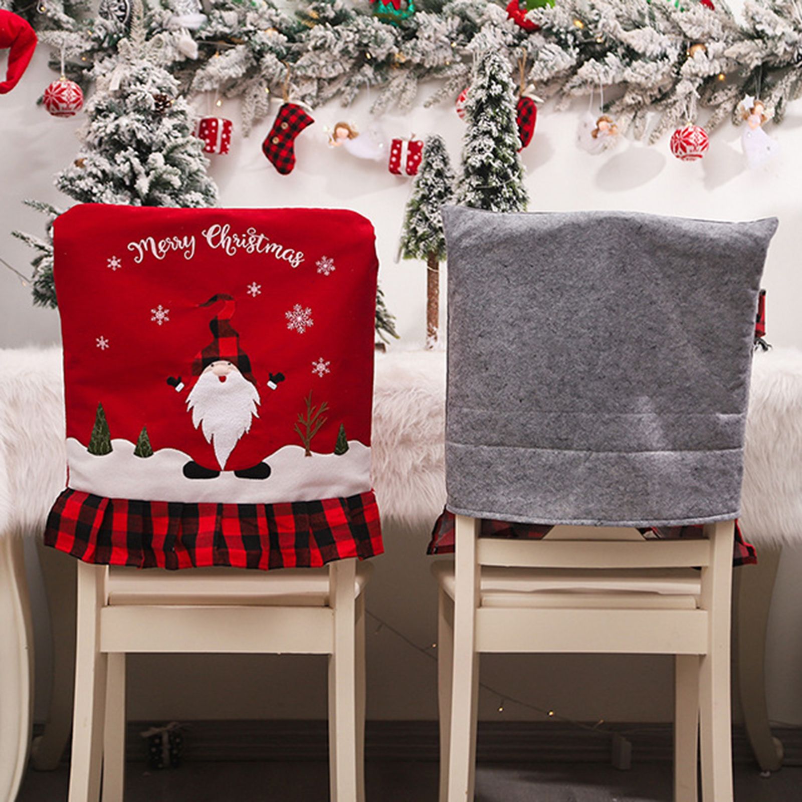 6pcs Xmas Chair Back Cover Linen Plaid Dining Chair Slipcover Protector for view 3