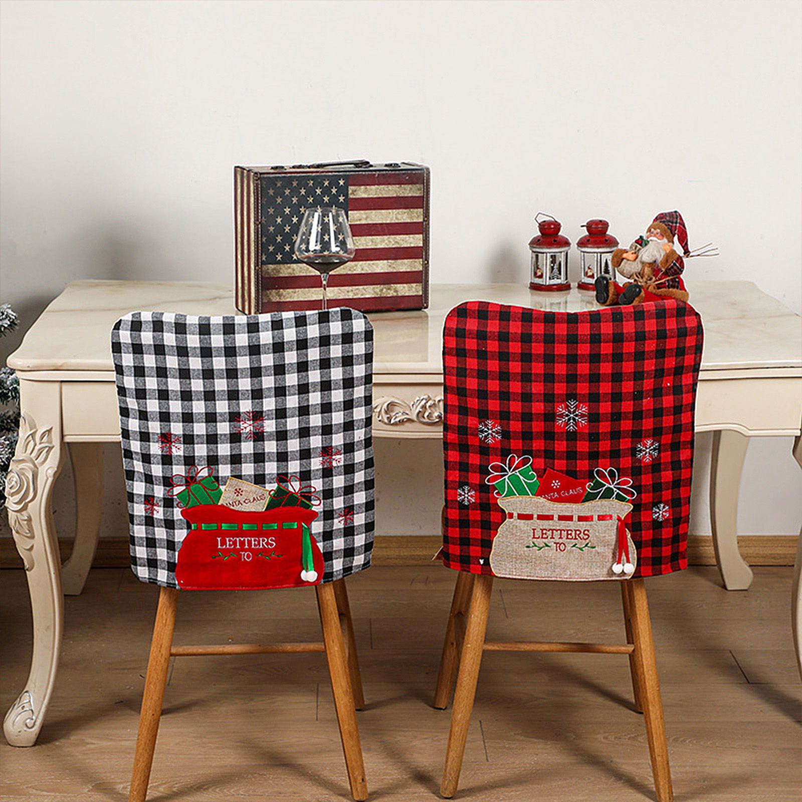 4pcs Xmas Chair Back Cover Black and White Plaid Soft Nonwoven Decorative view 3
