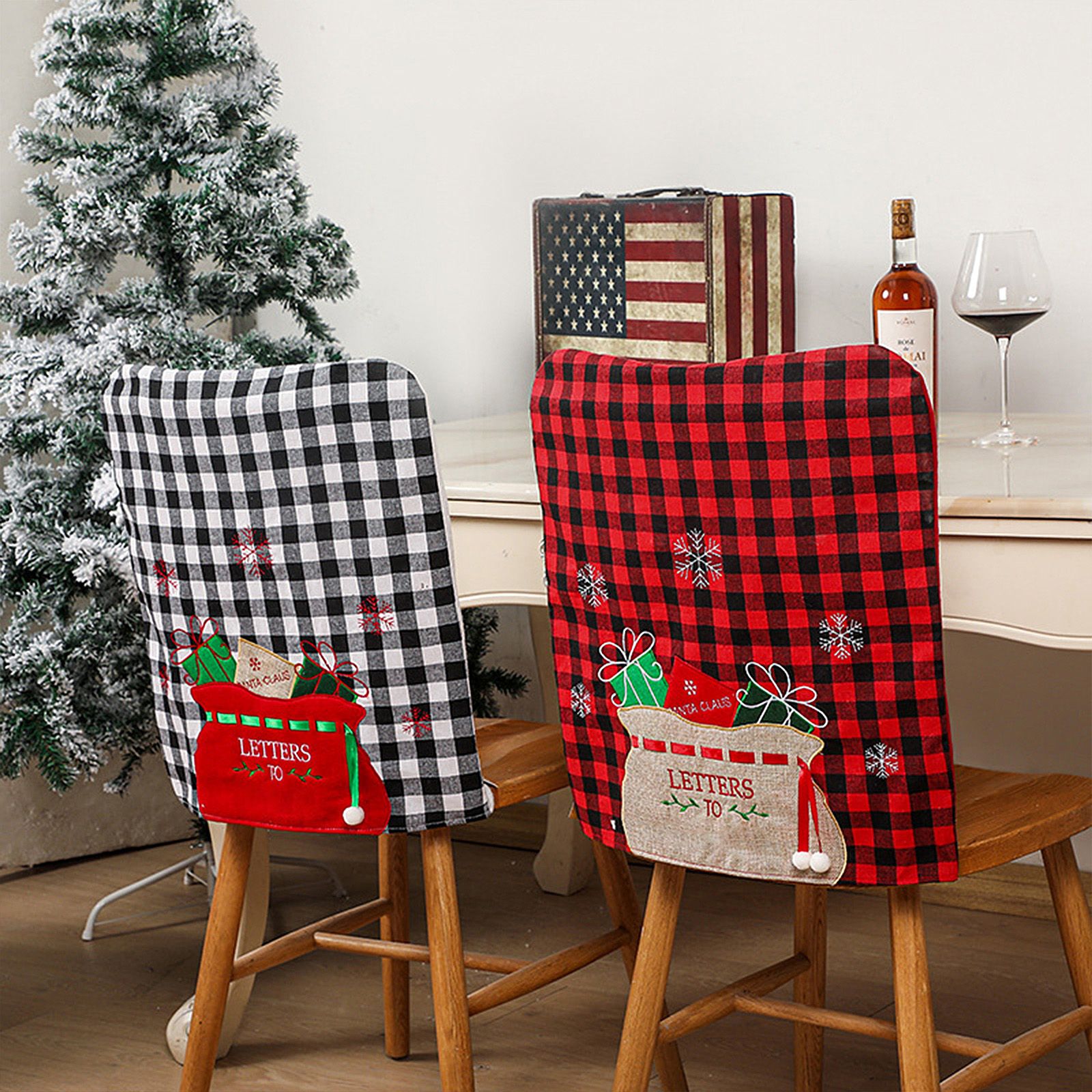 4pcs Xmas Chair Back Cover Black and White Plaid Soft Nonwoven Decorative view 4