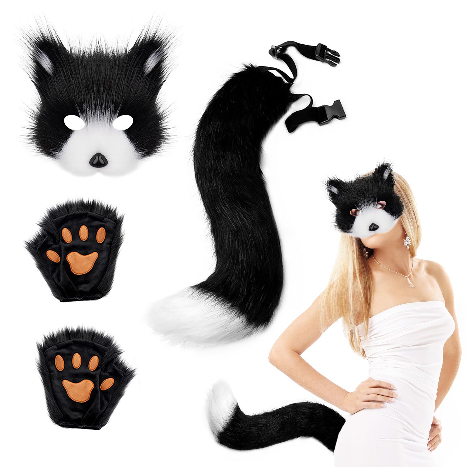 3 Pcs Set Festival Animal Mask Gloves Plush Animal Tail Handmade Beast Tail