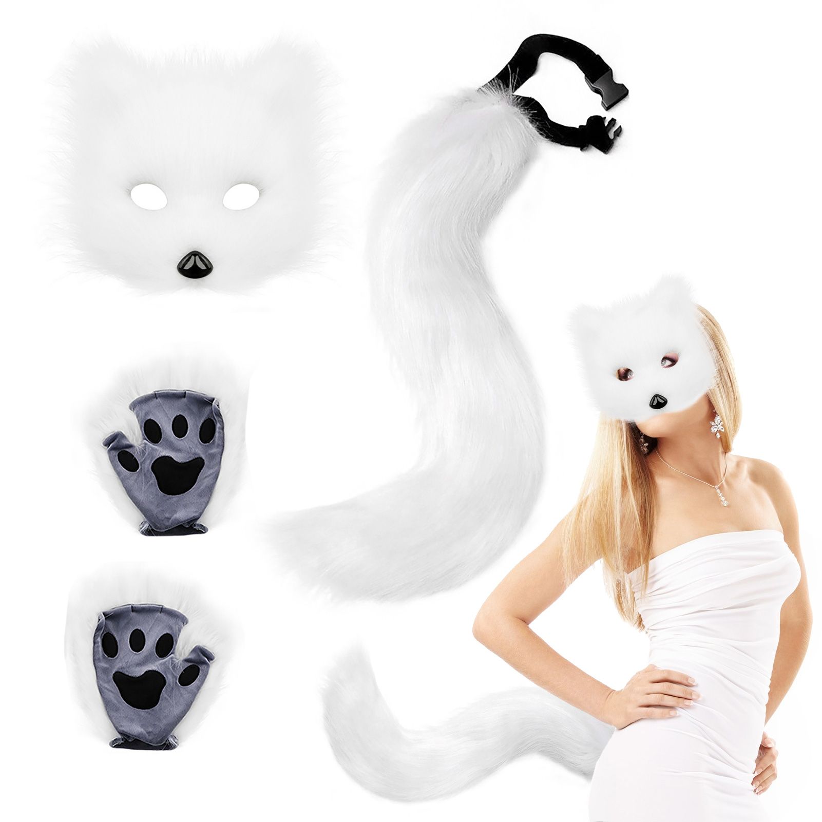 3 Pcs Set Festival Animal Mask Gloves Plush Animal Tail Handmade Beast Tail