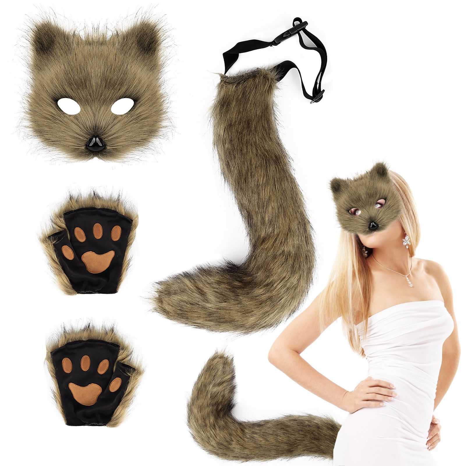 3 Pcs Set Festival Animal Mask Gloves Plush Animal Tail Handmade Beast Tail