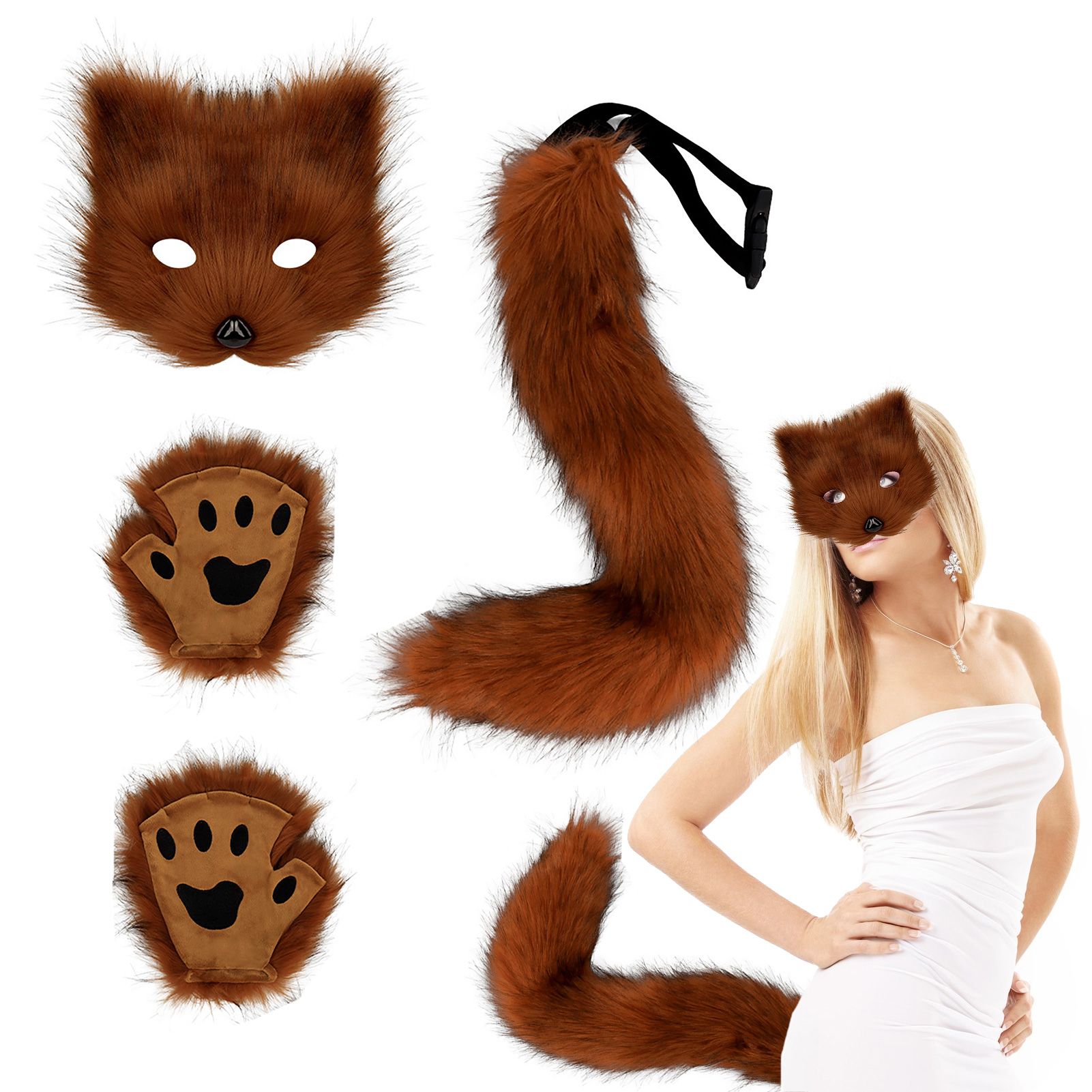 3 Pcs Set Festival Animal Mask Gloves Plush Animal Tail Handmade Beast Tail