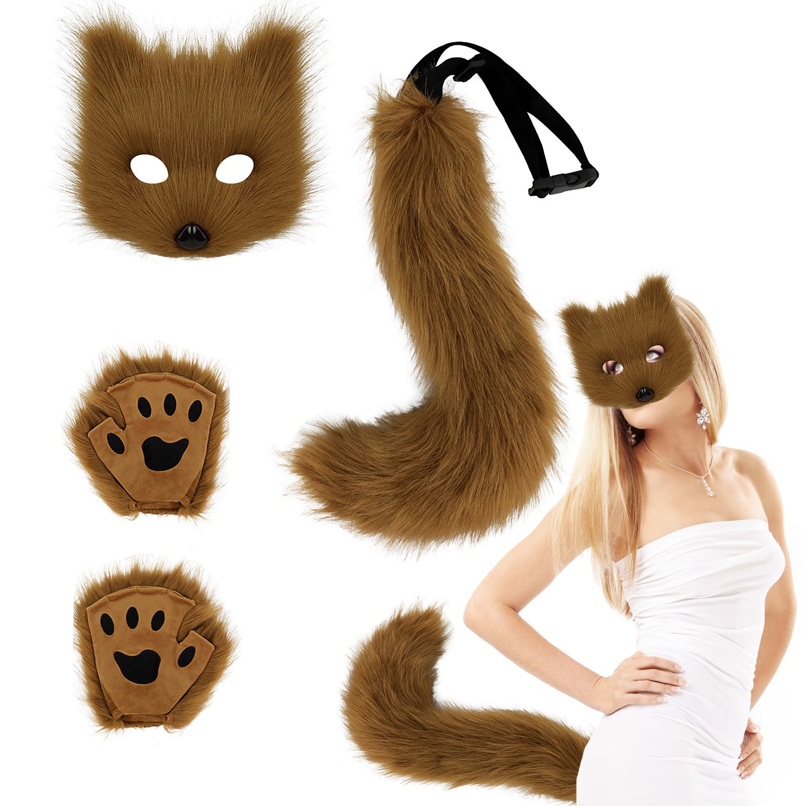 3 Pcs Set Festival Animal Mask Gloves Plush Animal Tail Handmade Beast Tail