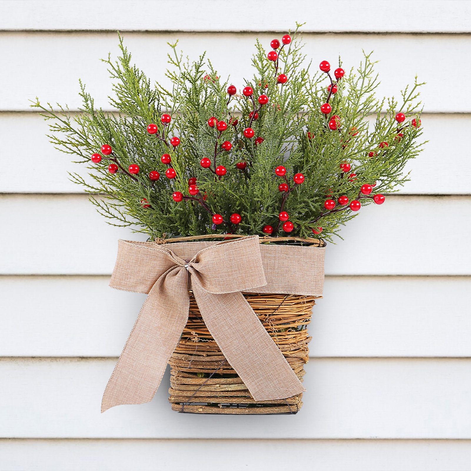 Xmas Cedar Wreath with Rattan Basket Artificial Berries Flower Basket for view 4