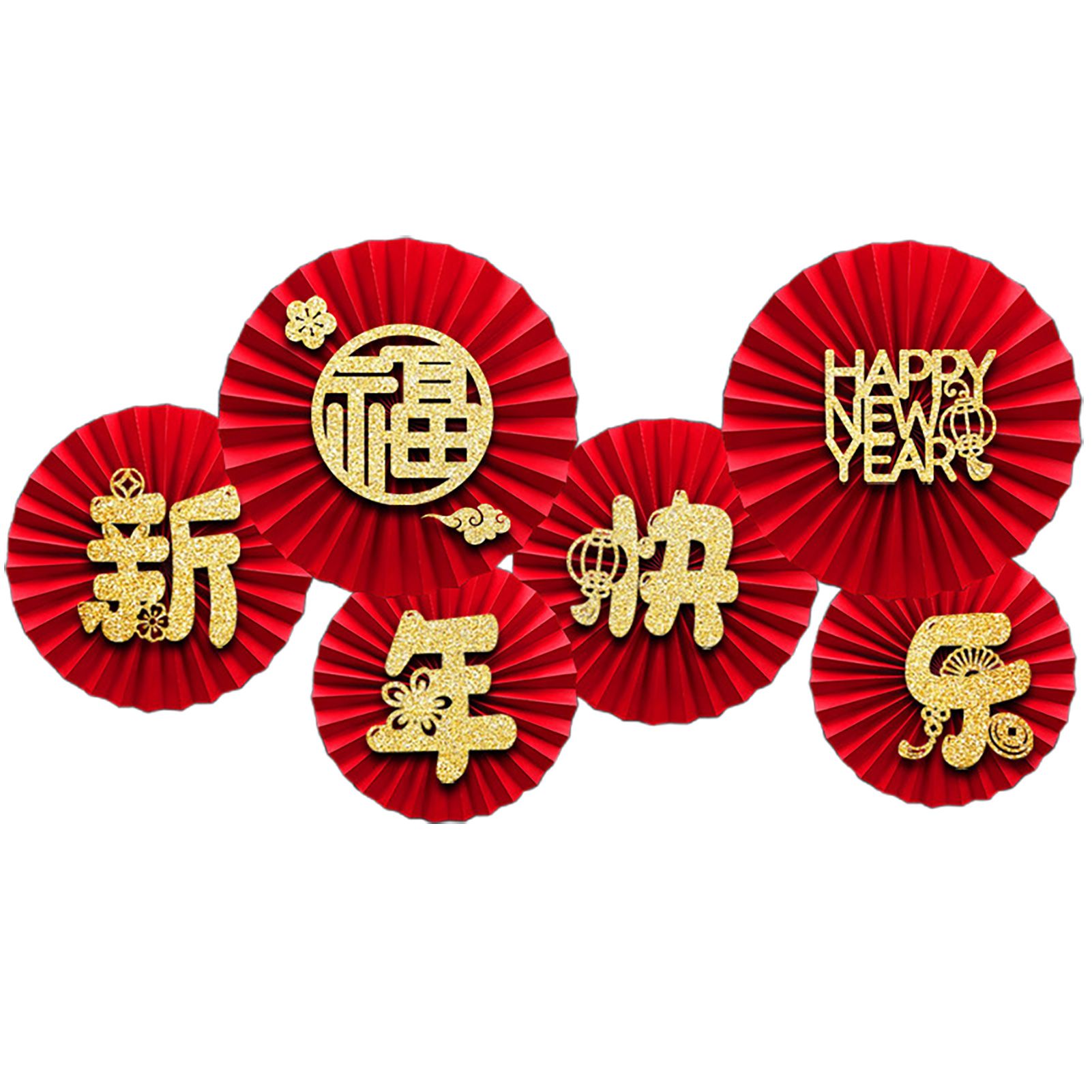 6PCS Round Paper Fan Decoration Set Hanging Chinese New Year Wall Art Paper