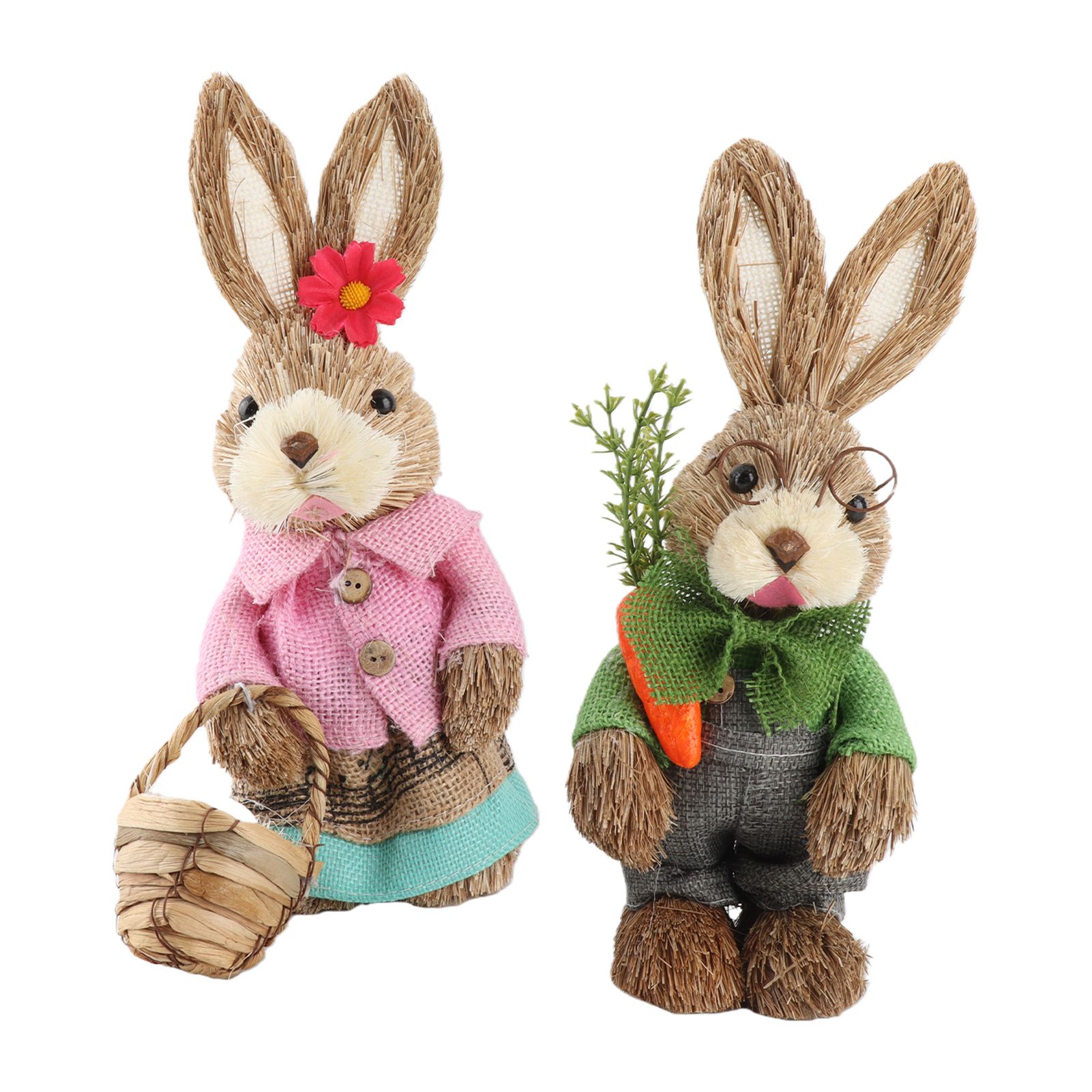25CM Easter Standing Bunny Couple Figurines Handmade Straw Rabbit Statues for