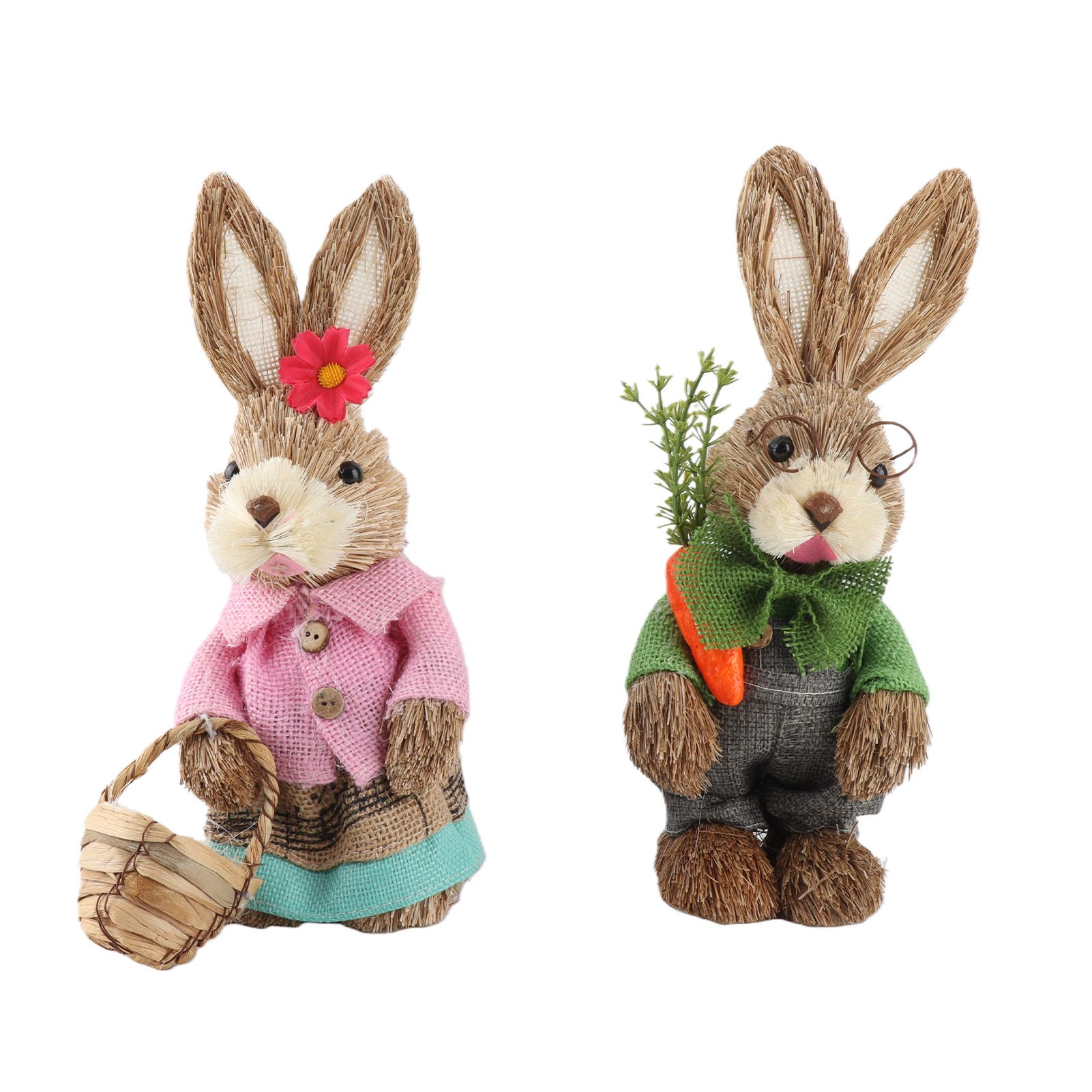 25CM Easter Standing Bunny Couple Figurines Handmade Straw Rabbit Statues for view 2